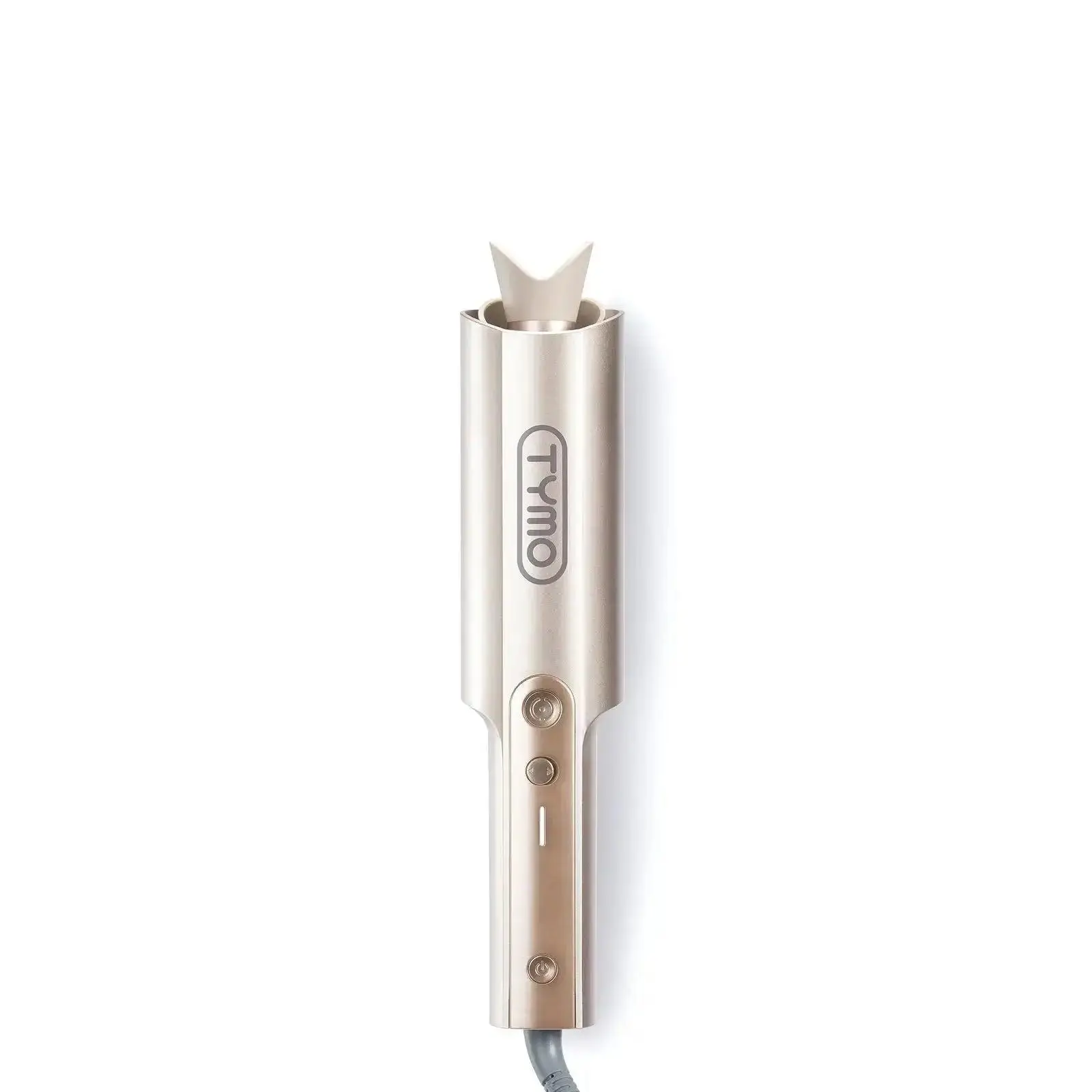Gold hair curling iron with black logo and buttons on white background
