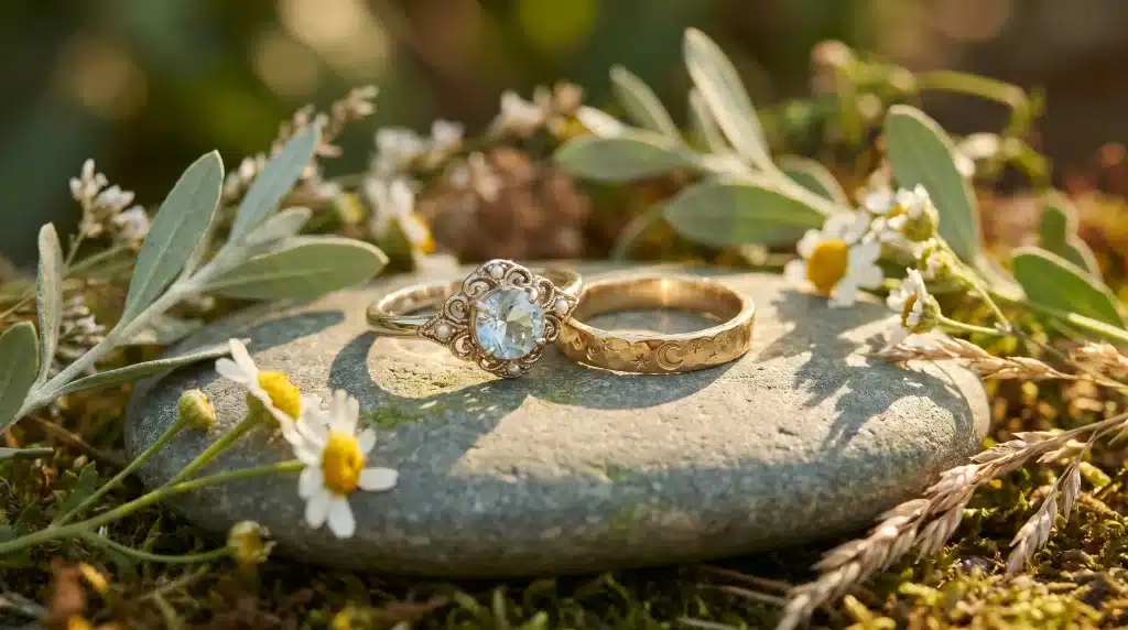 Vintage rings placed on stone surrounded by daisies and leaves in natural light
