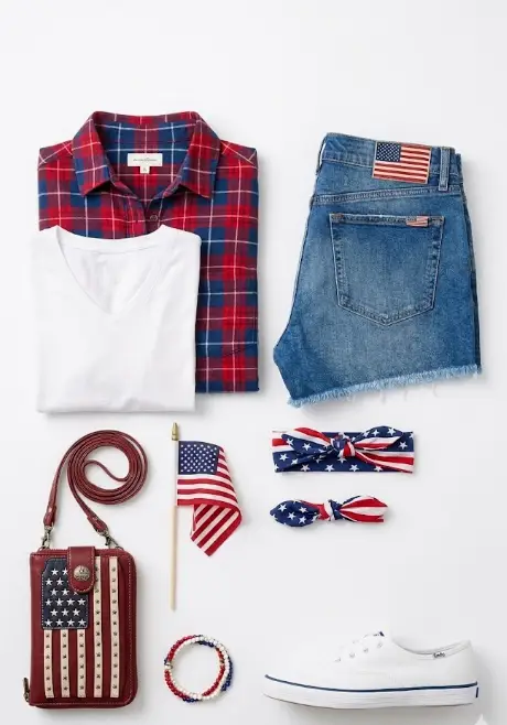 Red plaid shirt, denim shorts, and accessories with American flag theme on white background