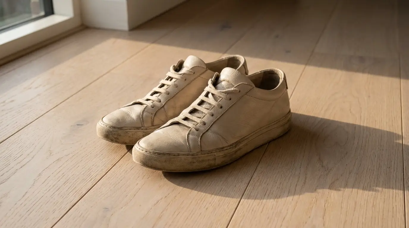 Worn white sneakers on wooden floor in natural sunlight near window