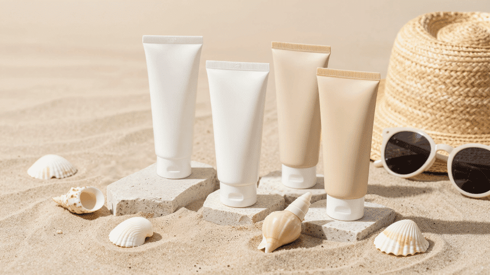 mineral sunscreen tubes and bottles arranged on a sunlit sand with summer accessories.