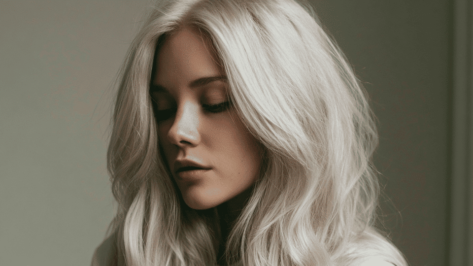 Women with full, shiny platinum blonde hair, flowing from roots to ends