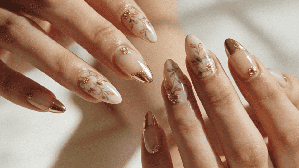 Hands with almond-shaped nails featuring floral and gold accent designs, glossy finish.