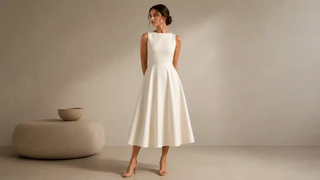A woman stands in a neutral-toned studio wearing a structured ivory A-line dress with a fitted top and gently flared midi skirt, styled with minimal heels and soft lighting.