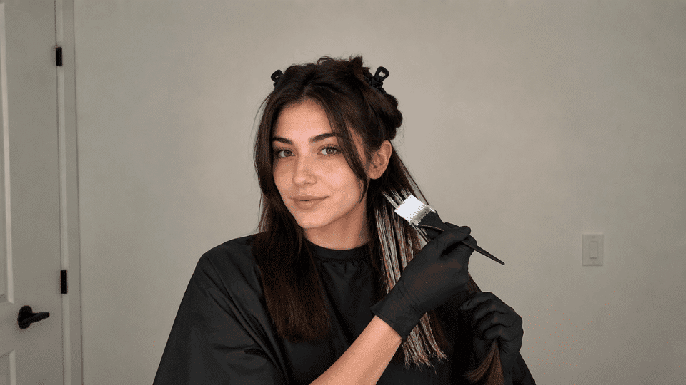 Woman applying bleach to mid-lengths of sectioned hair