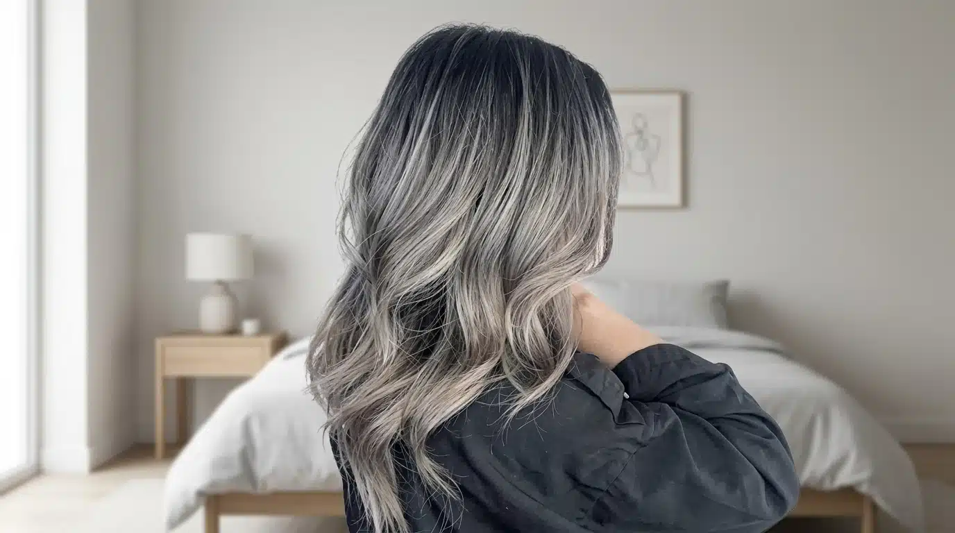 Female with ash blonde streaks blended into black layered hair