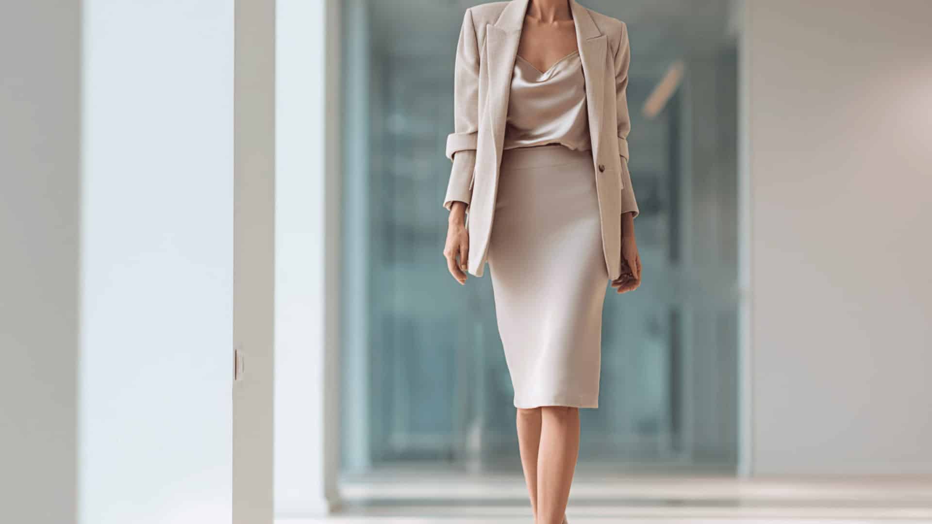 Woman in a beige blazer over a satin camisole and slim midi skirt
