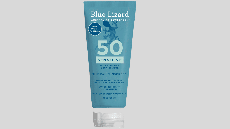 Blue Lizard Sensitive Mineral Sunscreen on a plain background
