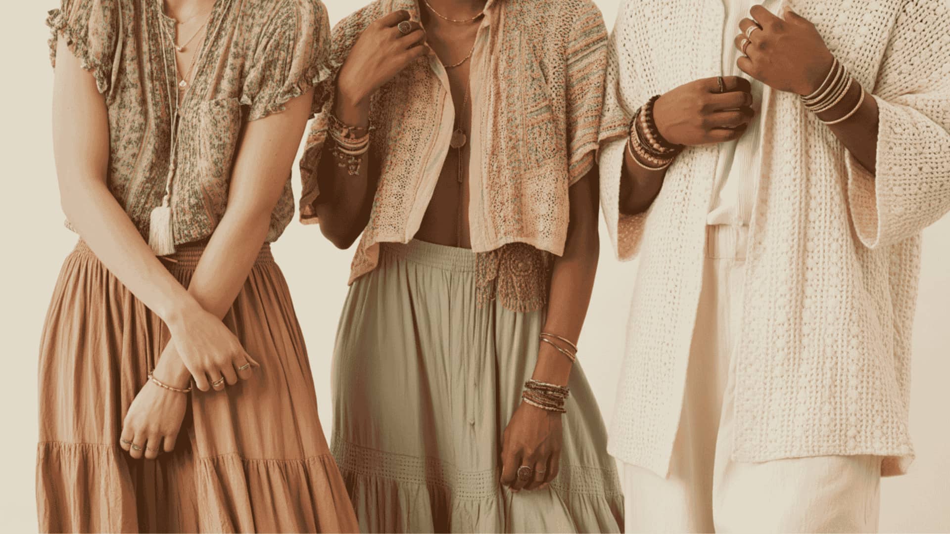 Boho creative style with earthy tones, layered textures, flowy skirts, and relaxed artistic outfits