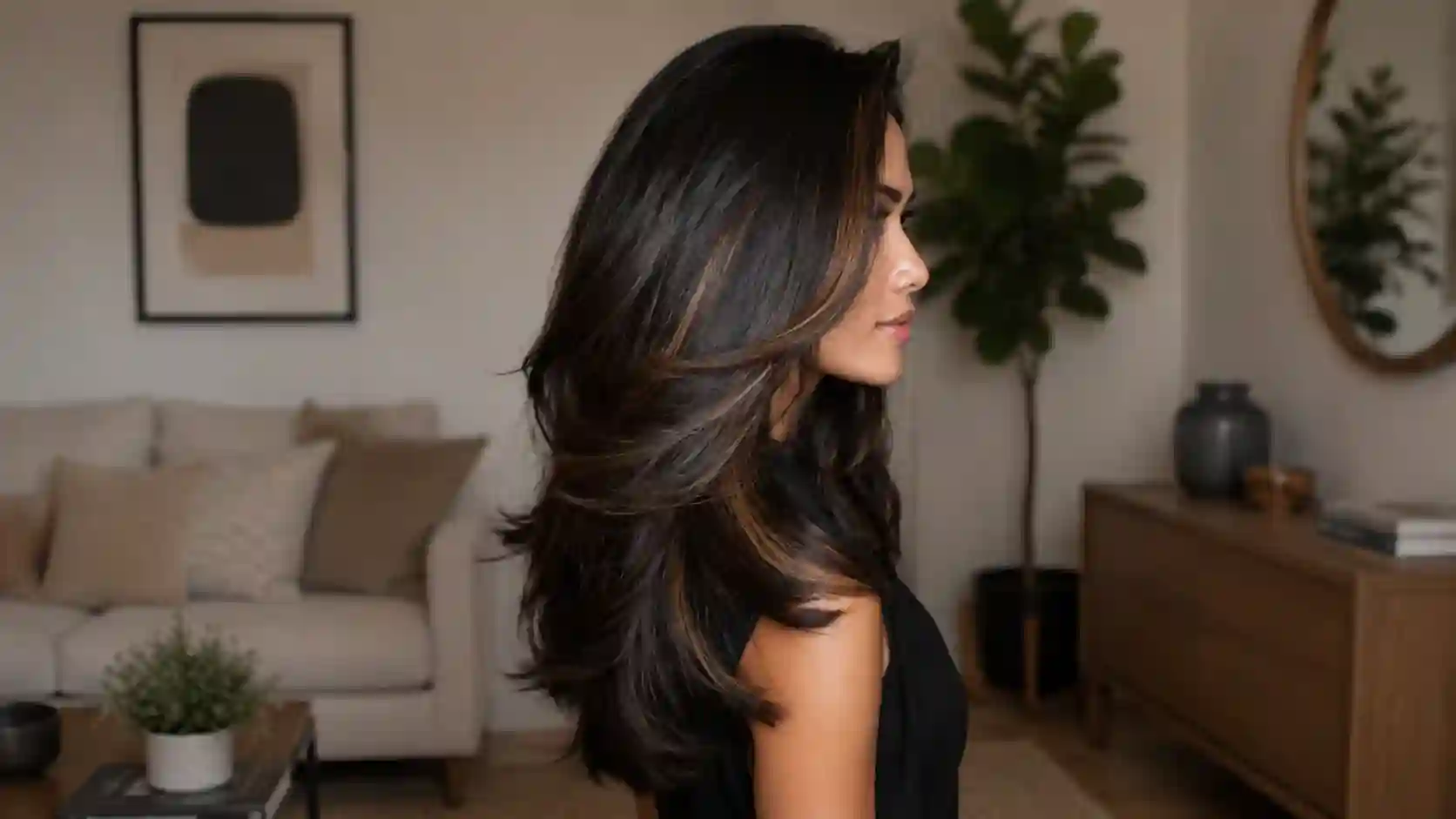 Bronze balayage melt on black hair with bright face-framing.