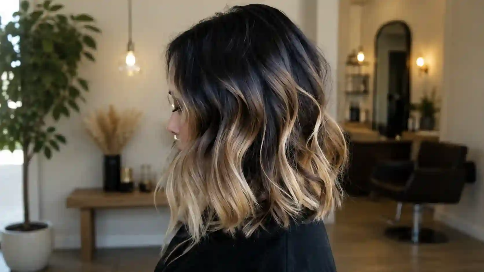 Medium-length black hair with soft buttery blonde tips and subtle ombre effect.
