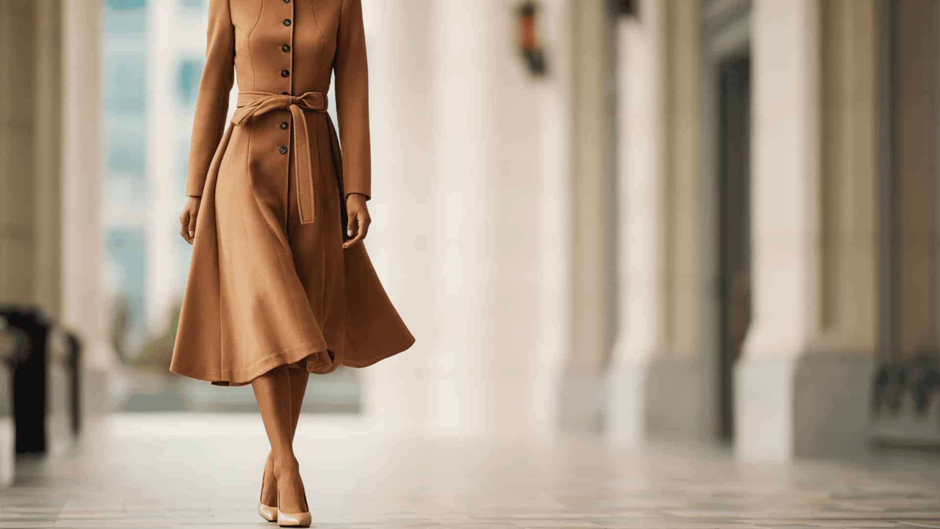 Woman in camel coat dress walking, beige heels