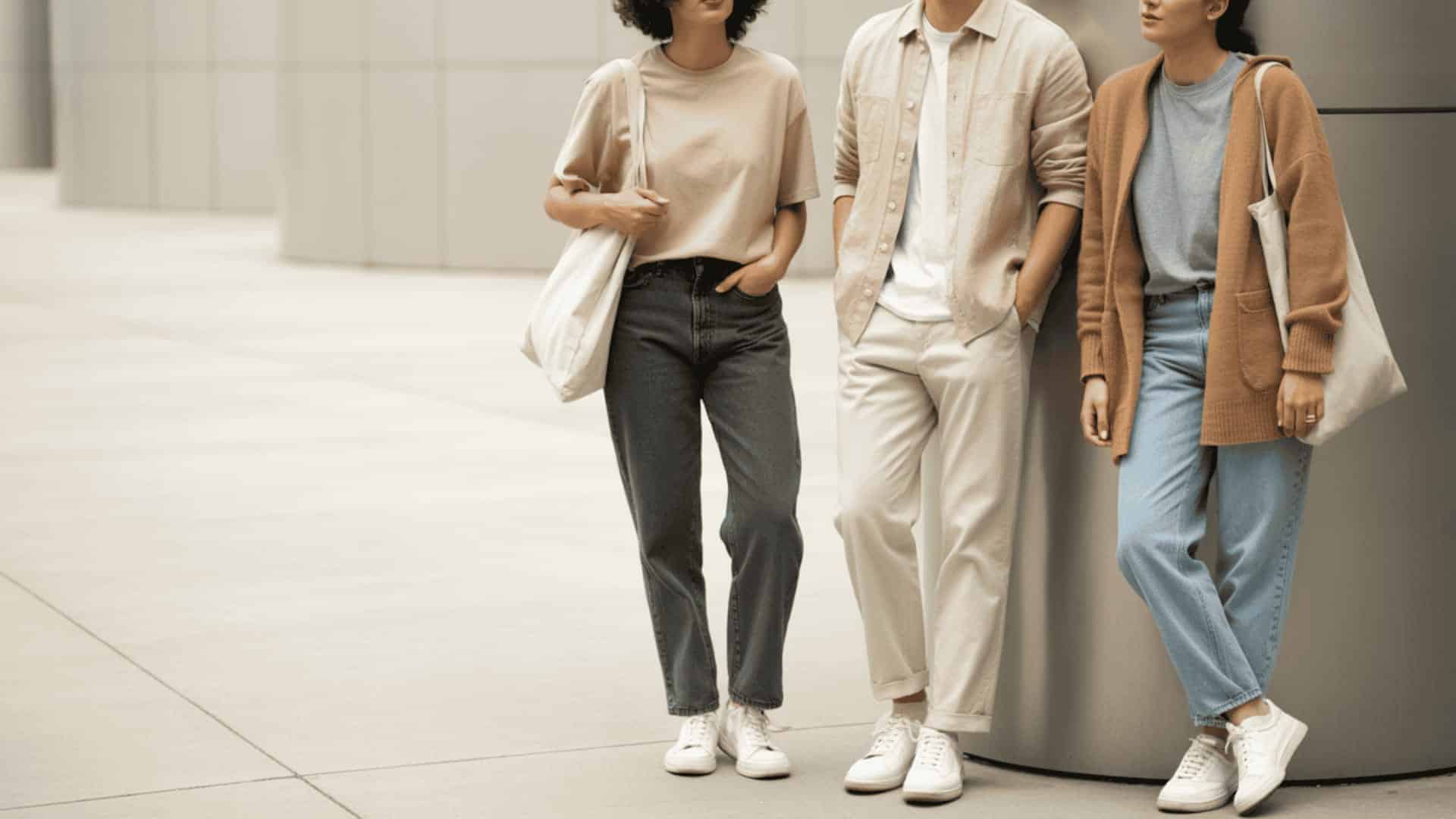 Casual and effortless style with neutral basics, denim jeans, sneakers, and relaxed everyday outfits