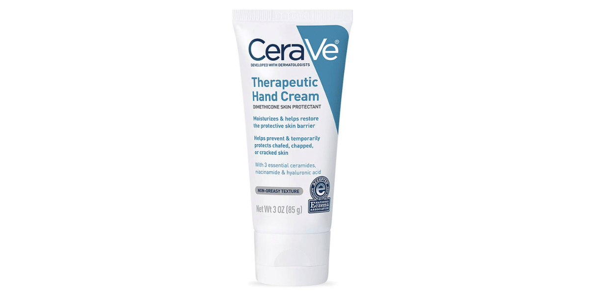 White and blue CeraVe tube with ceramides and hyaluronic acid for dry, cracked hands.
