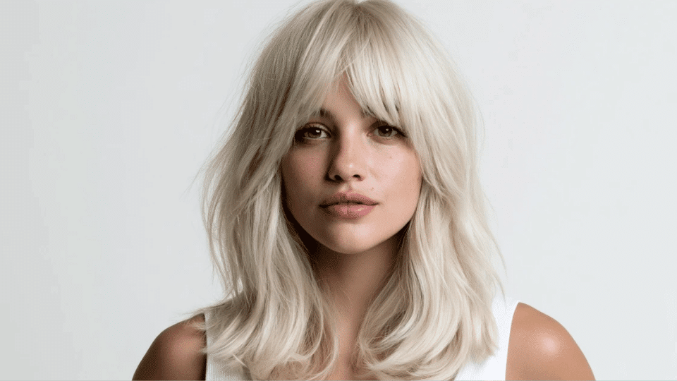 Woman with medium-length champagne platinum blonde hair with soft warm tones.