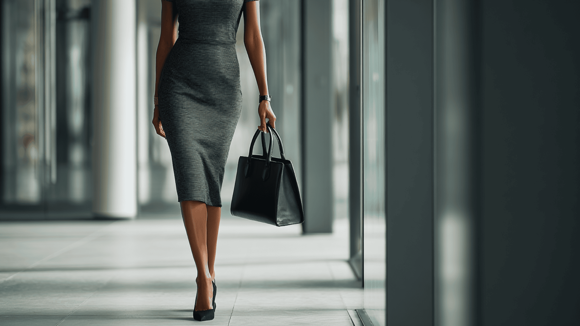 Woman in a grey midi sheath dress walking with a black handbag