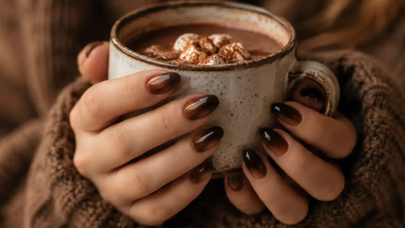 Chocolate brown ombre nails holding a cup of hot cocoa