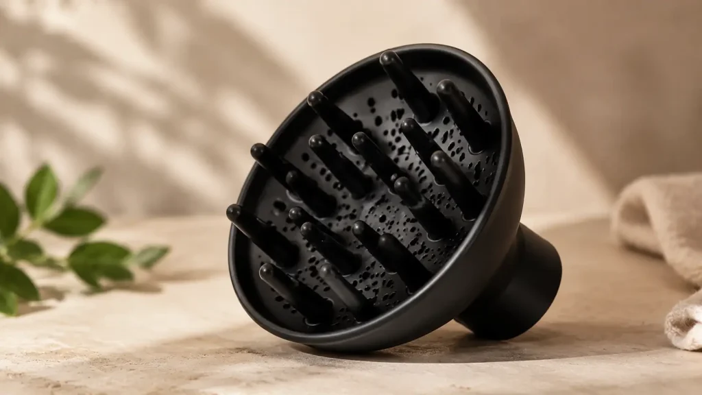 Close-up of a black hair dryer diffuser on a neutral surface with soft, minimalistic background.