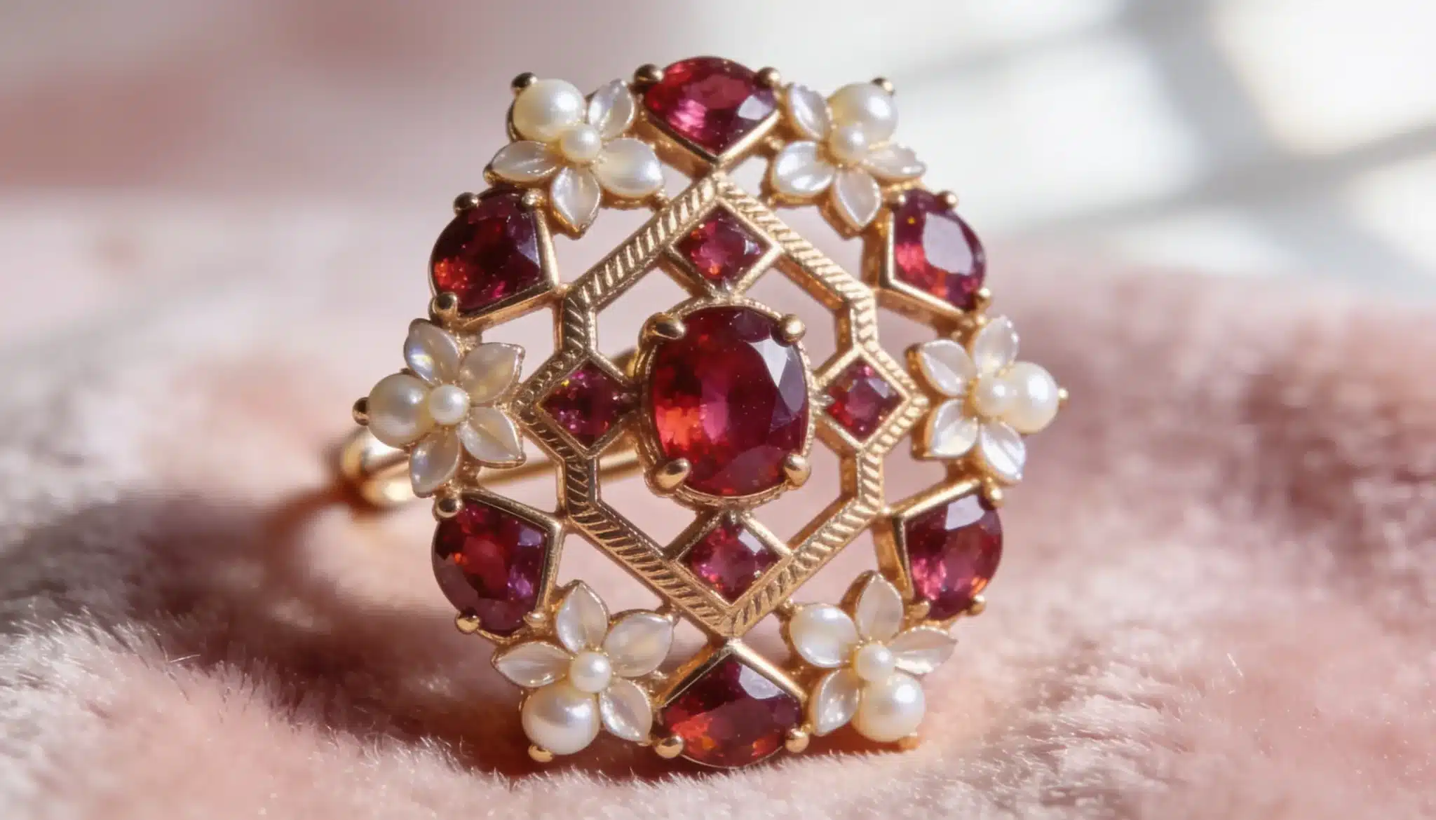 Cluster earring with red gems and small pearl flower accents on gold.