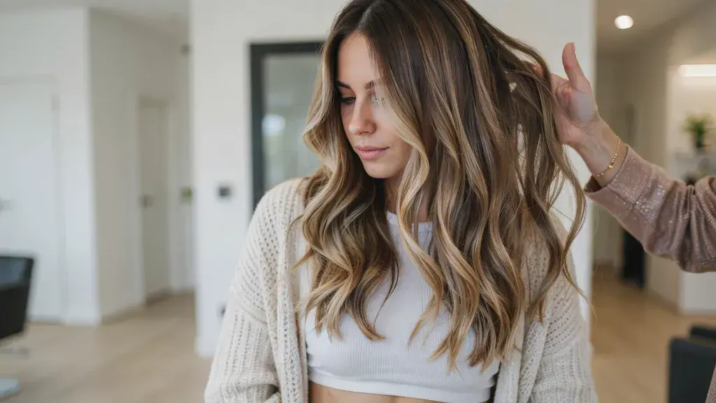 Woman with long, wavy hair showing a seamless blonde and brown color melt transition.