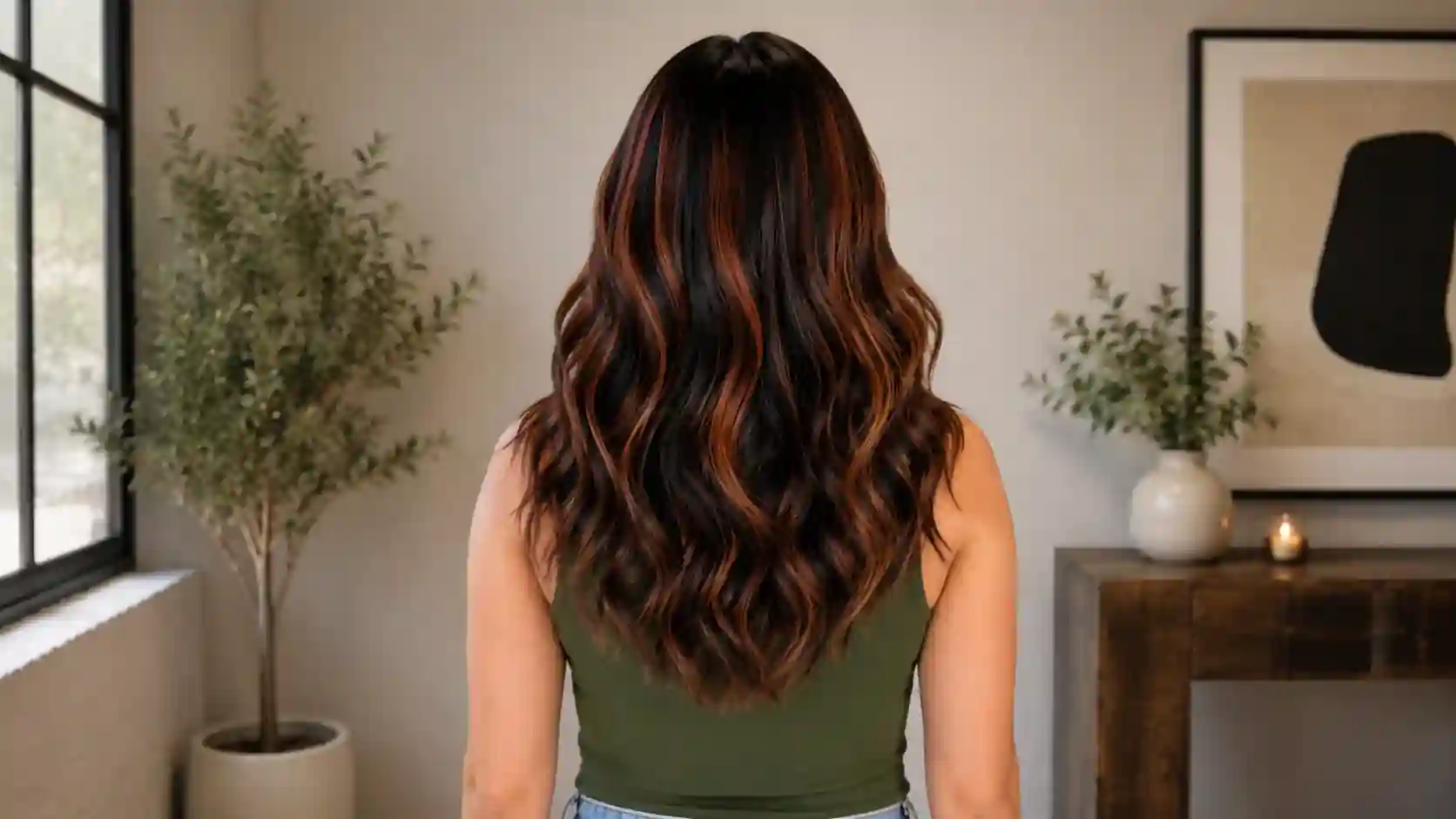Rear view of medium-length wavy black hair with rich copper highlights, soft shine, and natural dimension in a modern interior.
