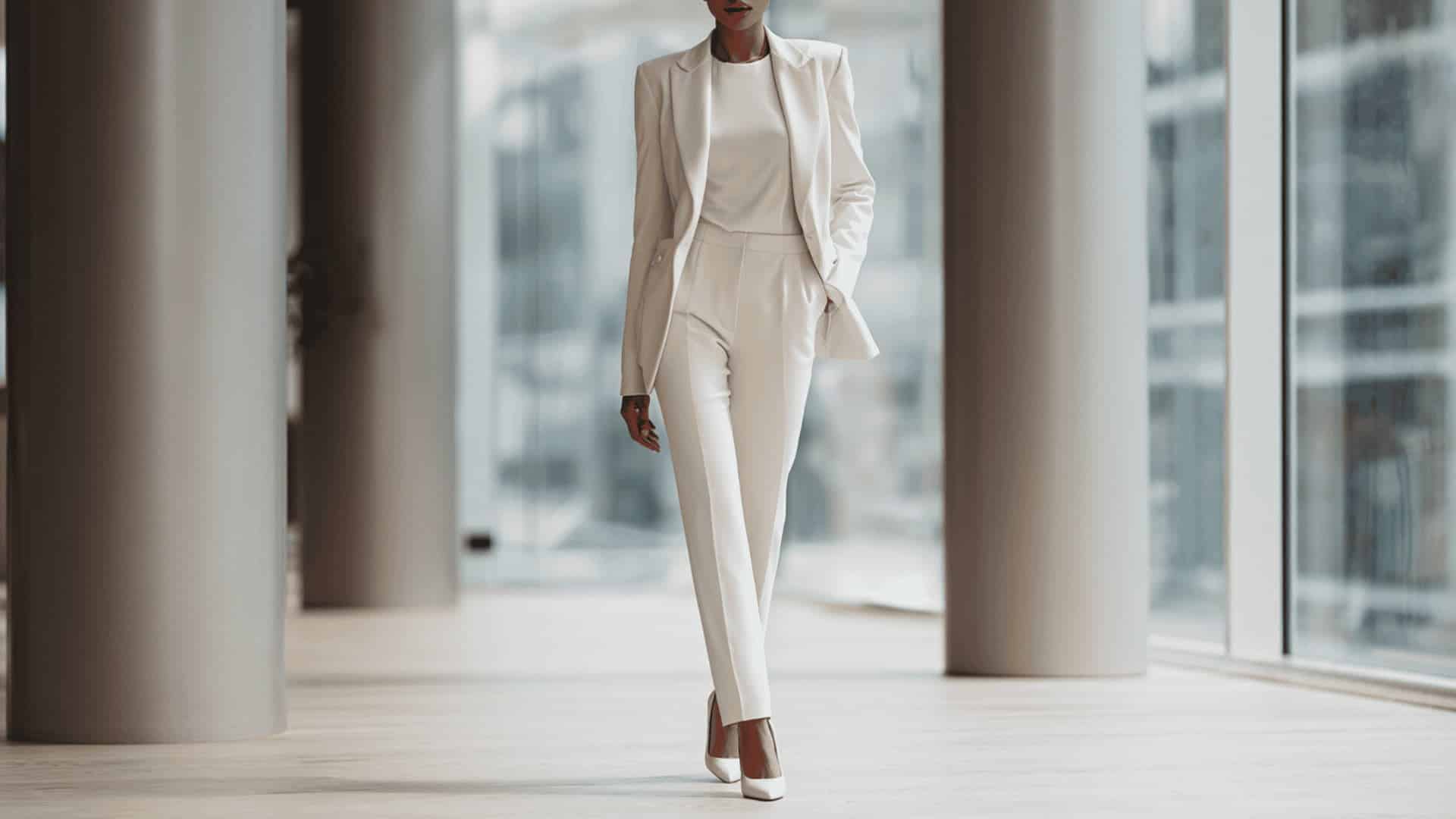 Woman in a white suit walking in a modern office