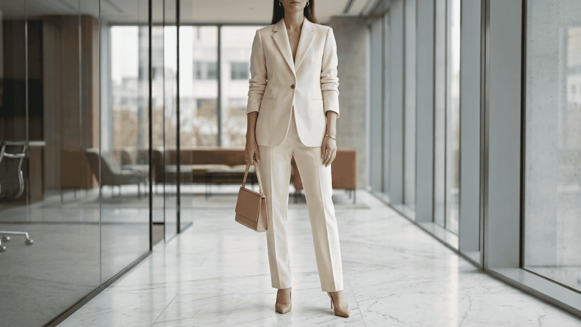 Beige blazer over white pantsuit