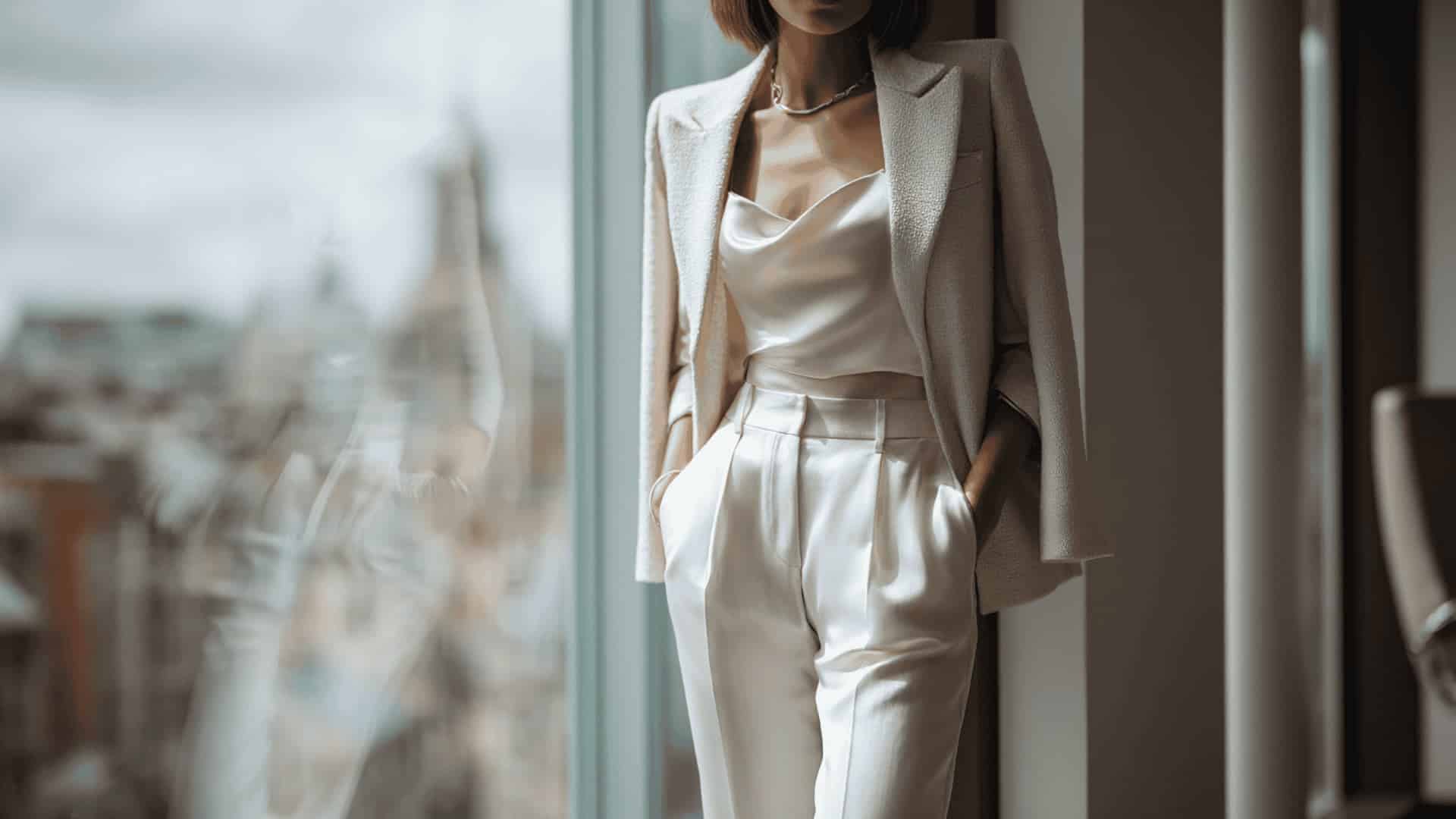 Black sleeveless turtleneck with wide-leg trousers and handbag