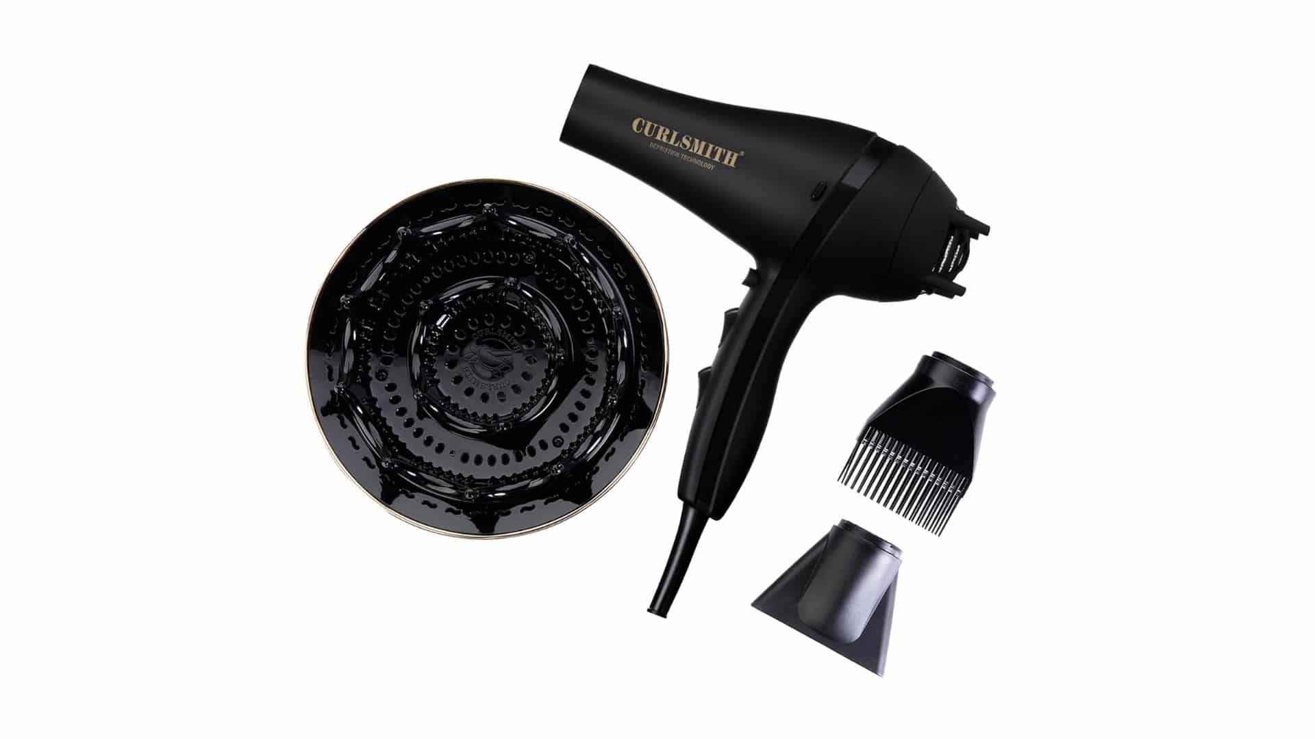 Curlsmith Defrizzion hair dryer with XXL diffuser, enhancing curl definition and reducing frizz