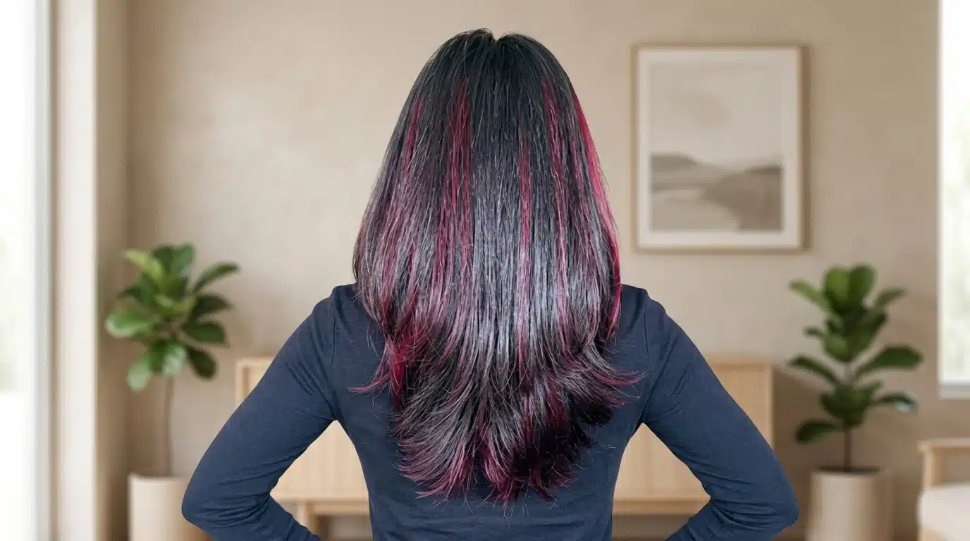 Female with deep burgundy highlights on black hair showing rich contrast.