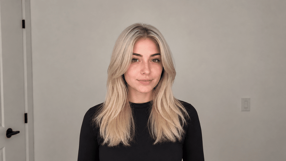Woman with fully styled platinum blonde hair