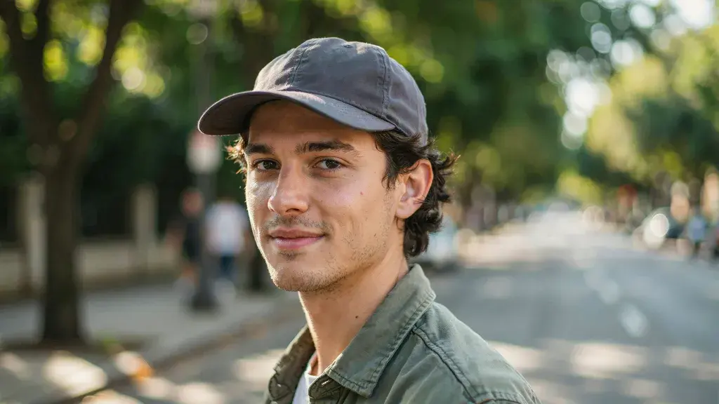 Photorealistic image of a person wearing a baseball cap outdoors with healthy hair, showing hats do not cause hair loss.
