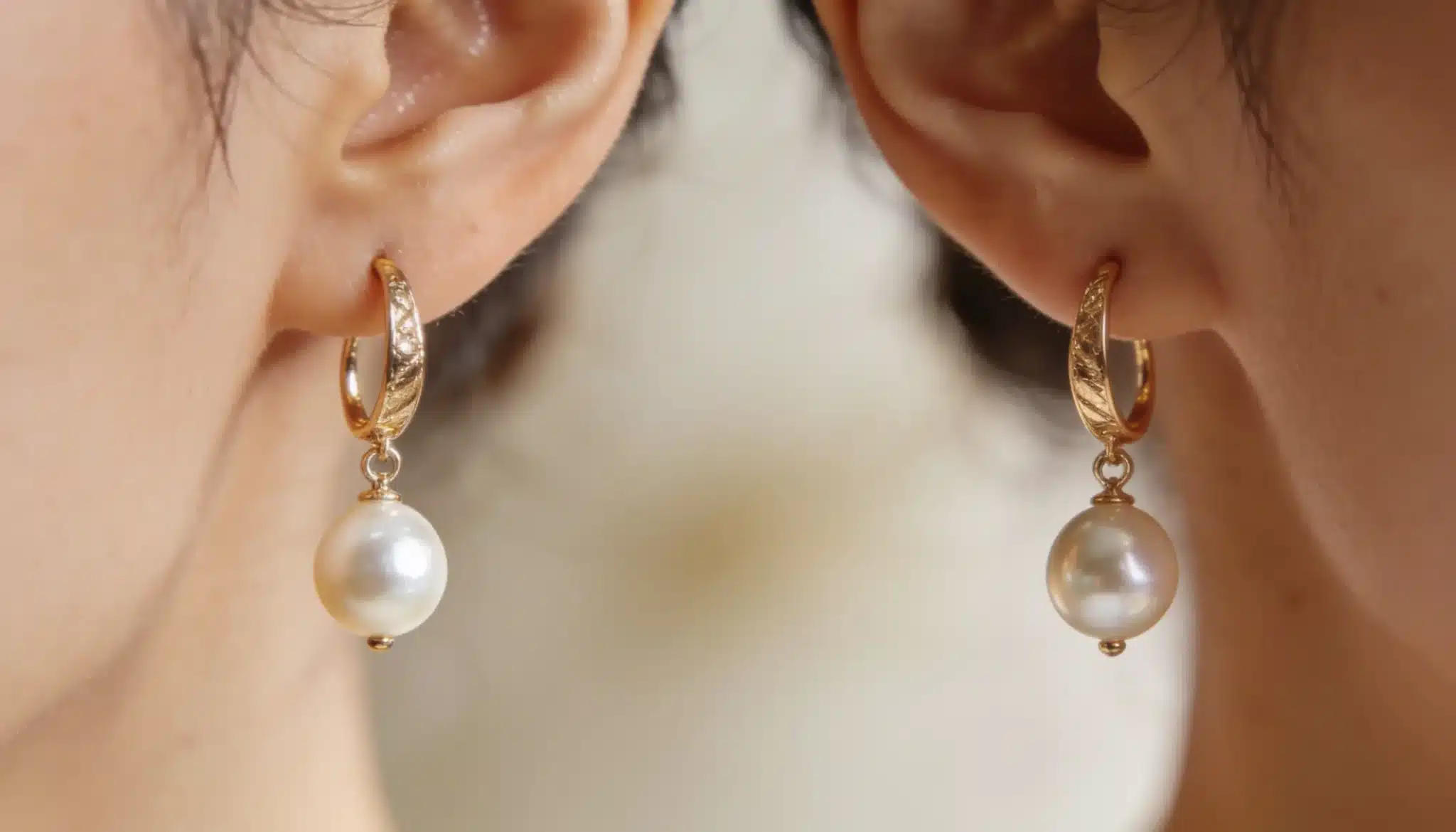 Gold hoop drop earrings with dangling pearls worn on ears.