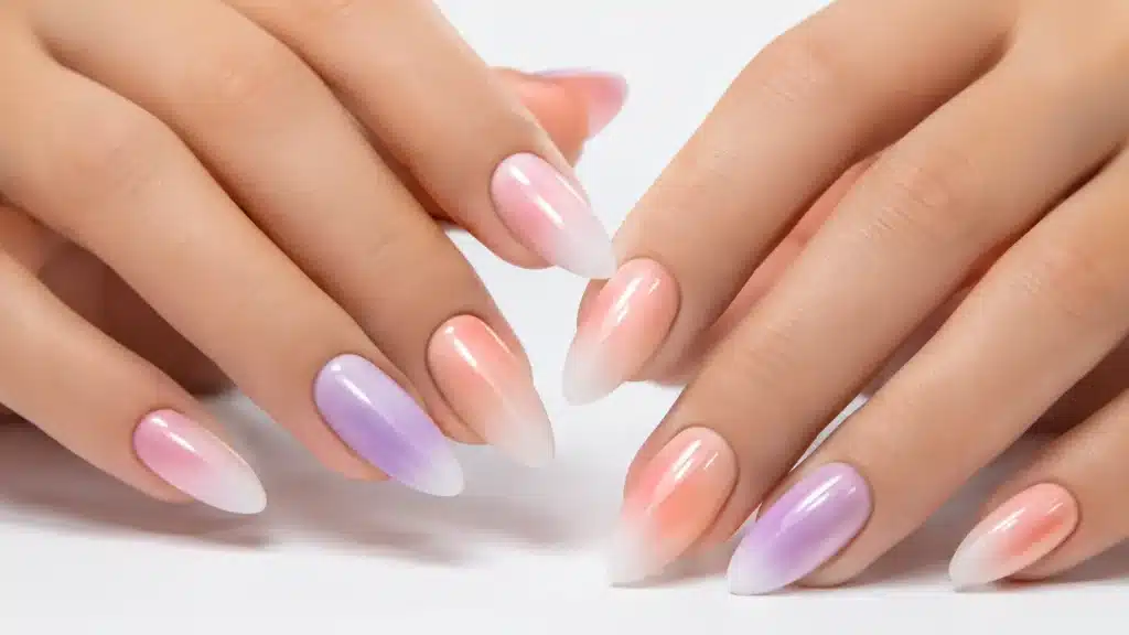 Elegant glossy ombre nails with soft gradient colors on almond-shaped nails