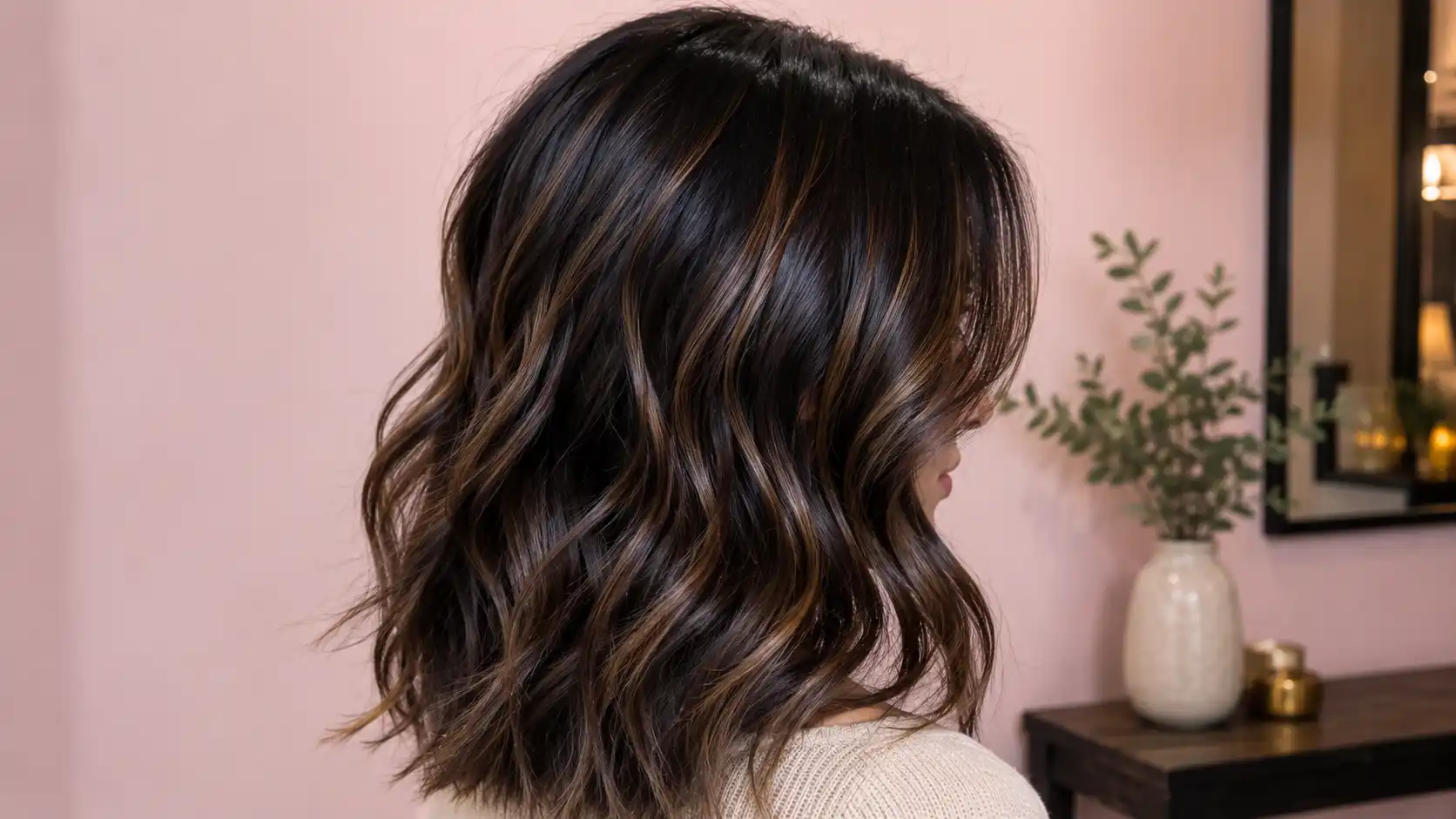 Black hair with layered espresso brown ribbon highlights near face and crown.
