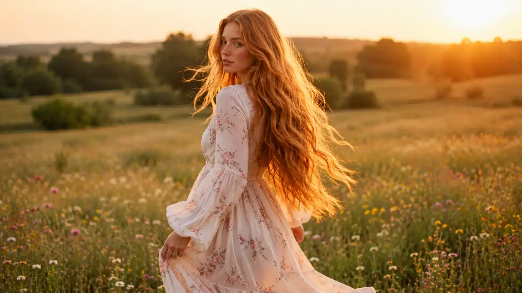 Extra-long wavy strawberry blonde hair outdoors