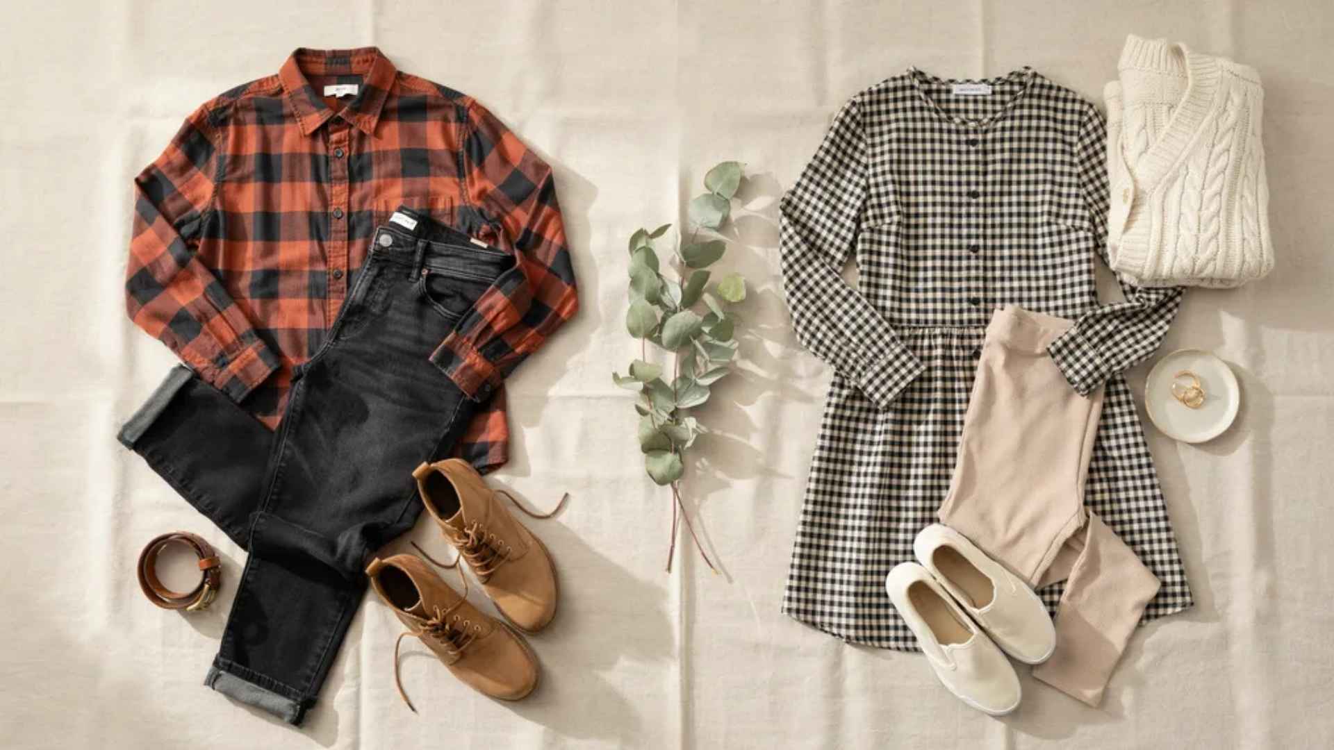Flat lay of plaid flannel outfit with jeans and gingham dress with neutral bottoms for seasonal fashion
