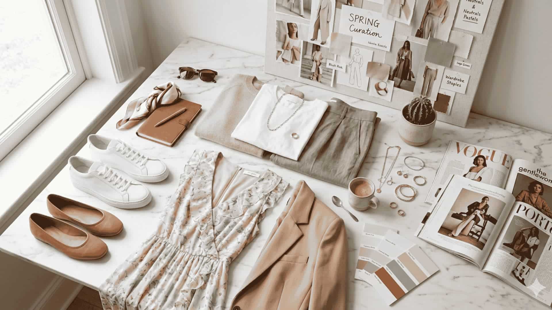 Stylish flat lay of clothes, jewelry, and colour swatches on marble