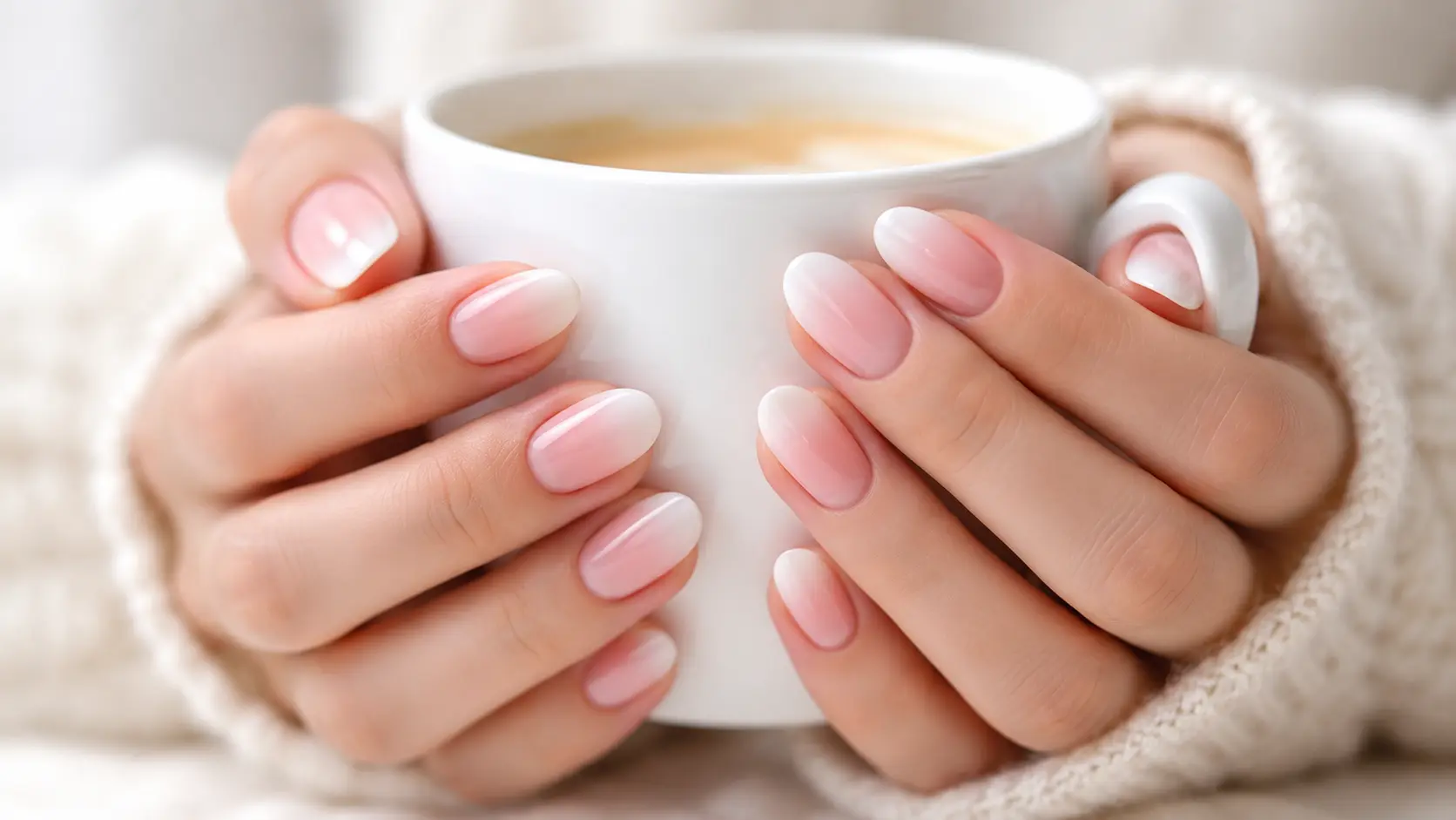 French ombre nails while holding a white coffee cup