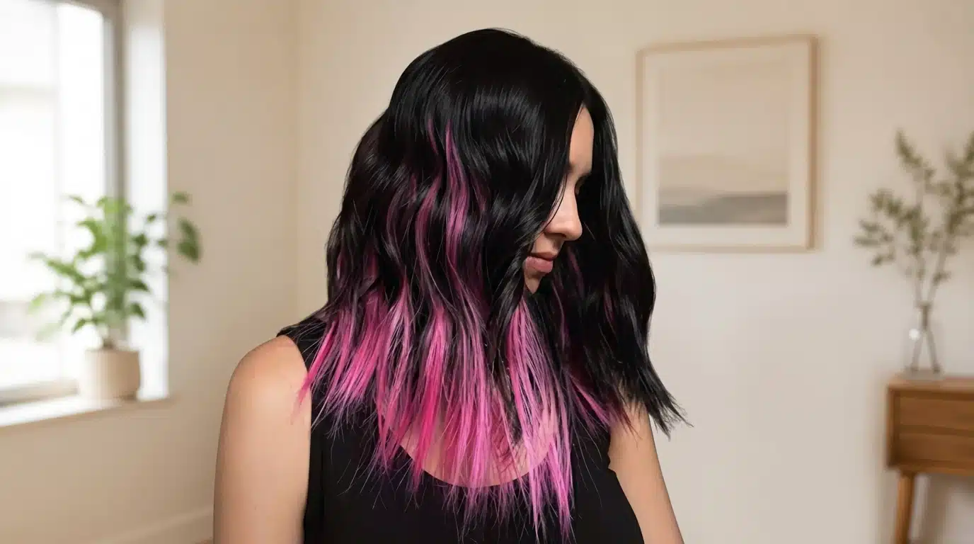 Female with black hair and fuchsia pink tips styled in soft waves indoors, natural lighting.