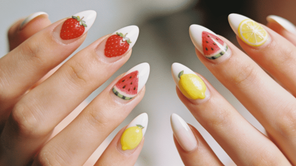 Almond nails with playful fruit designs on accent nails, glossy finish, colorful summer manicure.
