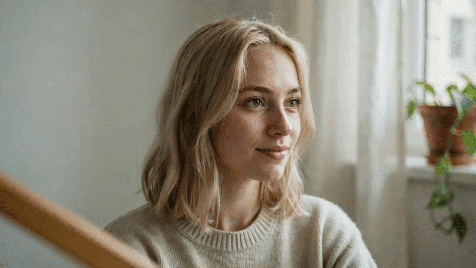 Woman with shoulder-length golden platinum blonde hair with soft warm waves.
