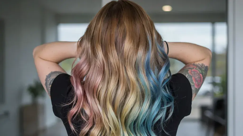 Back view of light brown hair styled to reveal pastel pink, yellow, and blue highlights underneath.