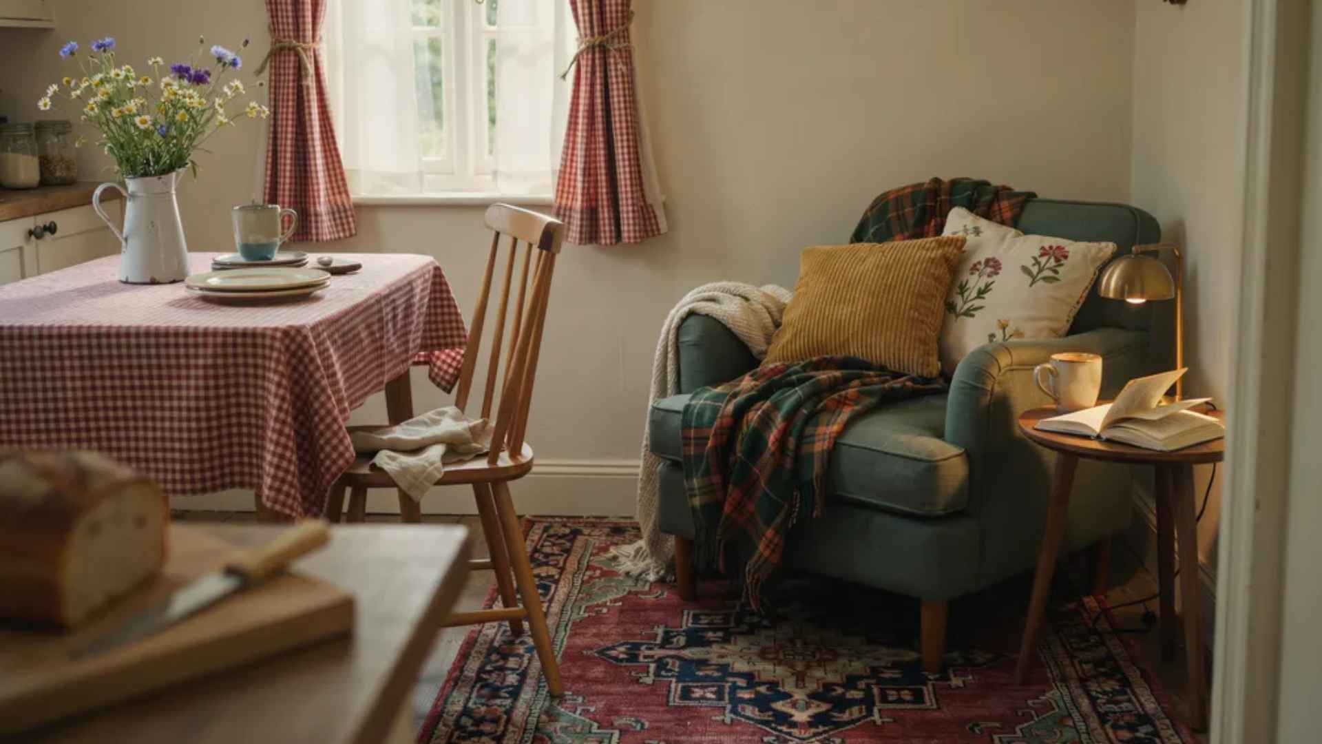 Kitchen with gingham tablecloth and café curtains, living room with plaid throw blankets and cushions