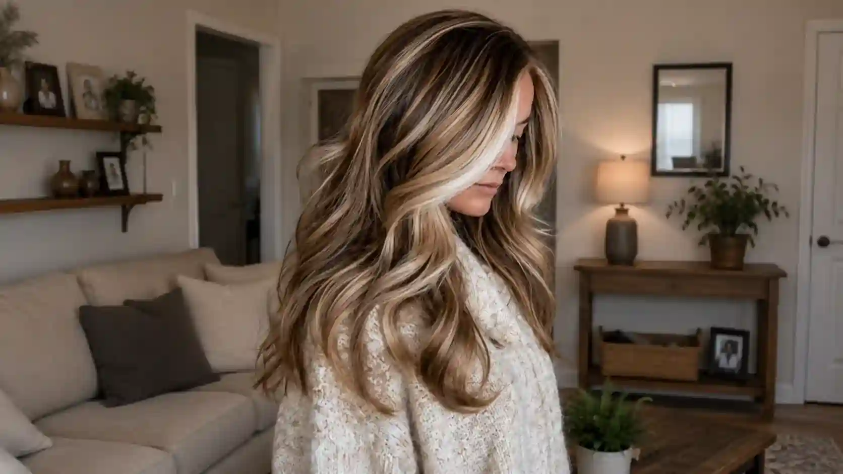 Side profile of long wavy blonde balayage hair with bright face-framing highlights in a cozy modern home interior.