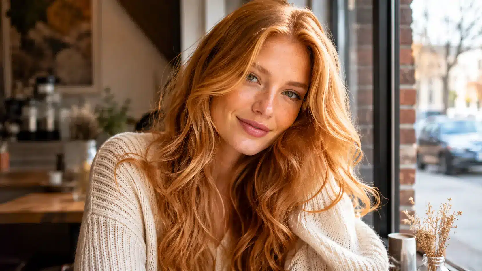 Honey strawberry blonde hair in warm natural window light