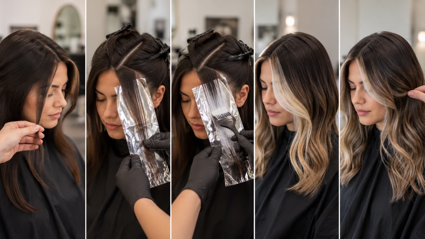 Female getting money piece hair highlights in salon showing foil placement and face framing process.