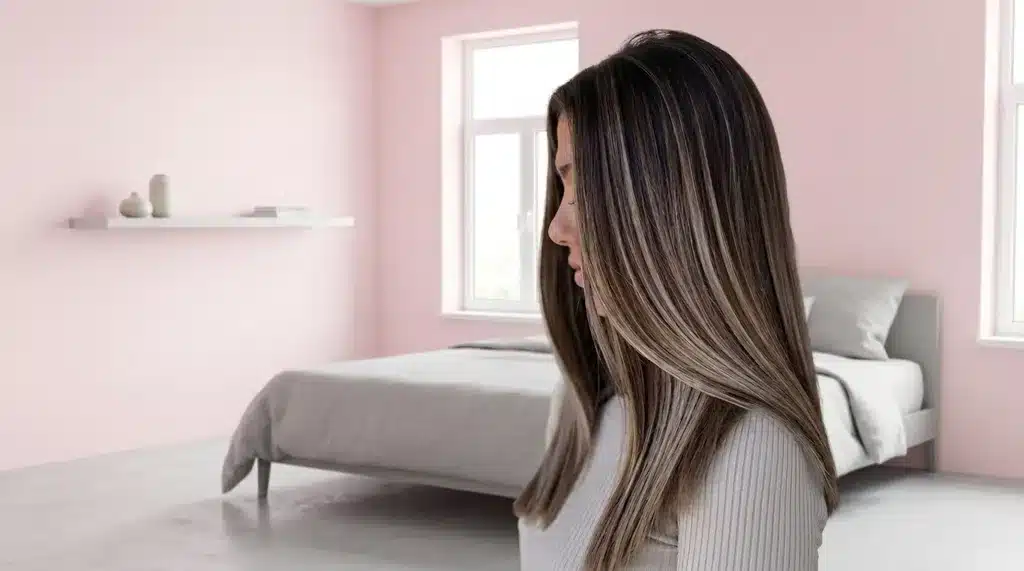 Female with icy brown balayage on long black hair with cool tones.