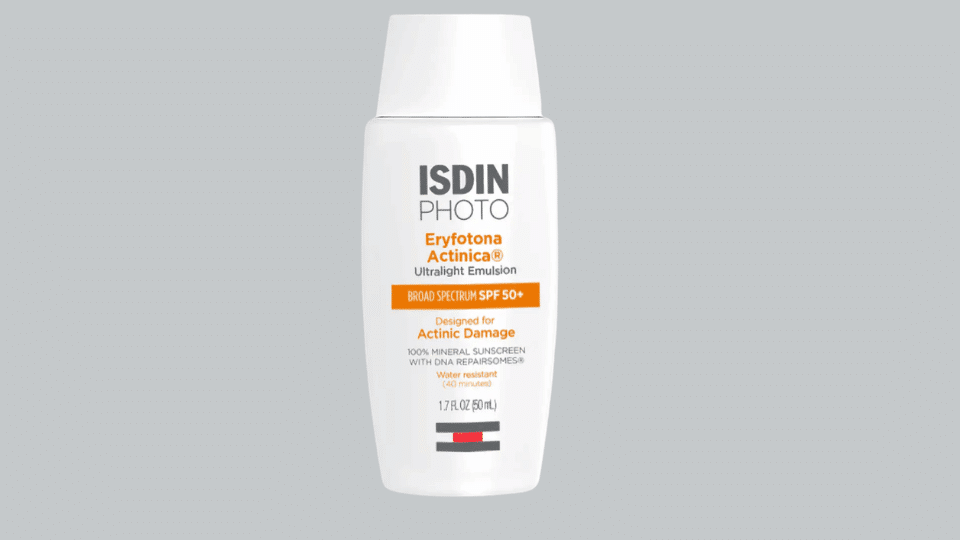 Isdin Eryfotona Actinica SPF 50+ sunscreen on a plain background