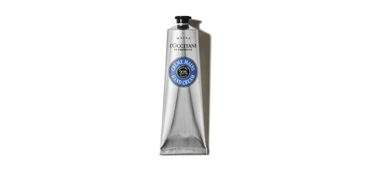 Silver L’Occitane tube with 20% shea butter for long-lasting hand hydration.